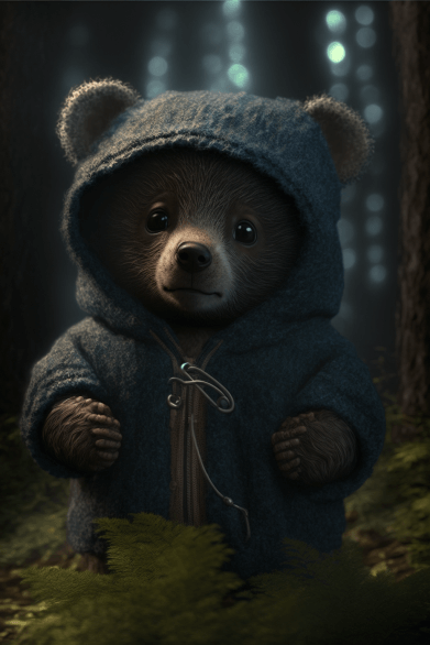 Крошечный медвежонок в одежде в лесу