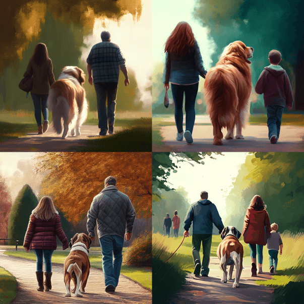 Молодая семья выгуливает собаку Midjourney