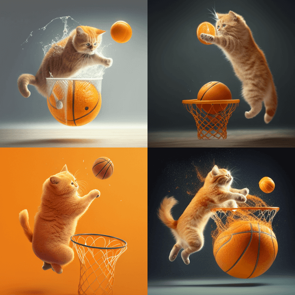 Кот бросает мяч в баскетбольное кольцо