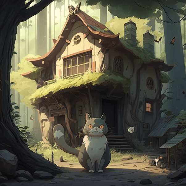 Кот рядом с домом в лесу