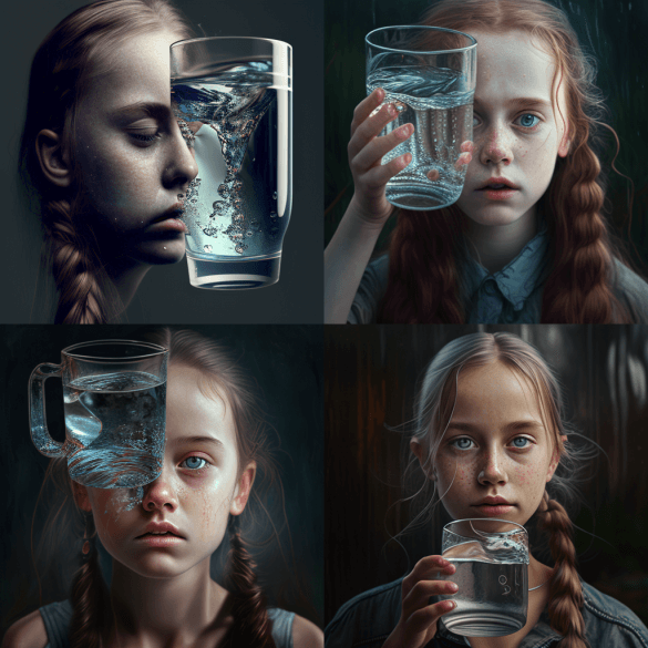 Девушка освежается из стакана воды, стоящего у ее головы