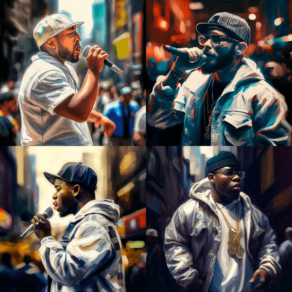 white rapper in NY, french impressionistic painting style Midjourney