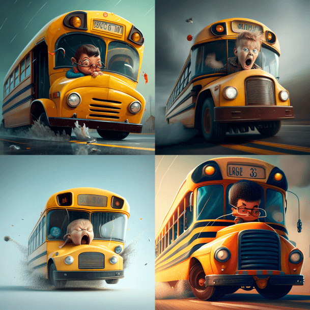 Карикатура на ребенка, едущего в школьном автобусе 8K