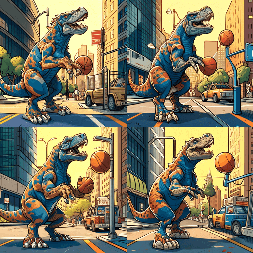 Динозавр с баскетбольным мячом Midjourney