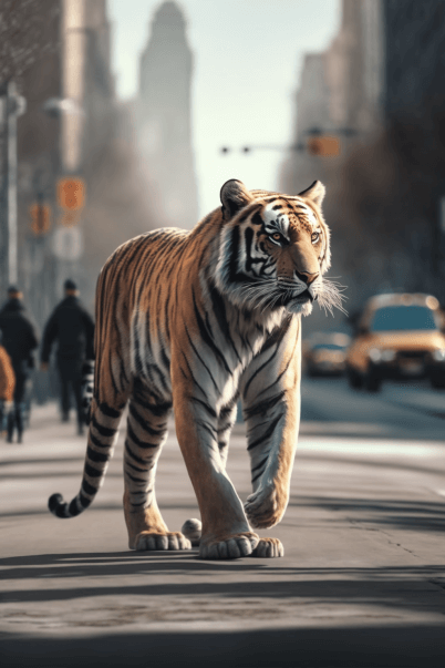Тигр идёт по улице Midjourney