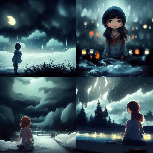 Милая девушка в штормовой ночи, в одиночестве Midjourney