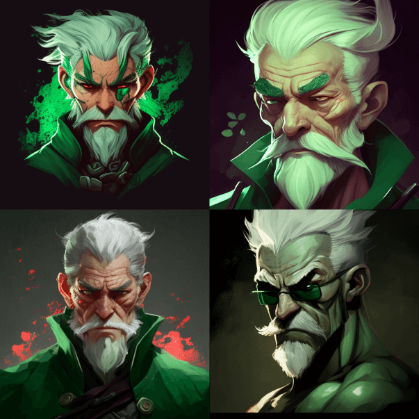 Старик, с сильной магией, с зелеными волосами и зелеными глазами, в стиле а Midjourney