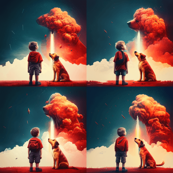 Мальчик и собака смотрят на красное небо Midjourney