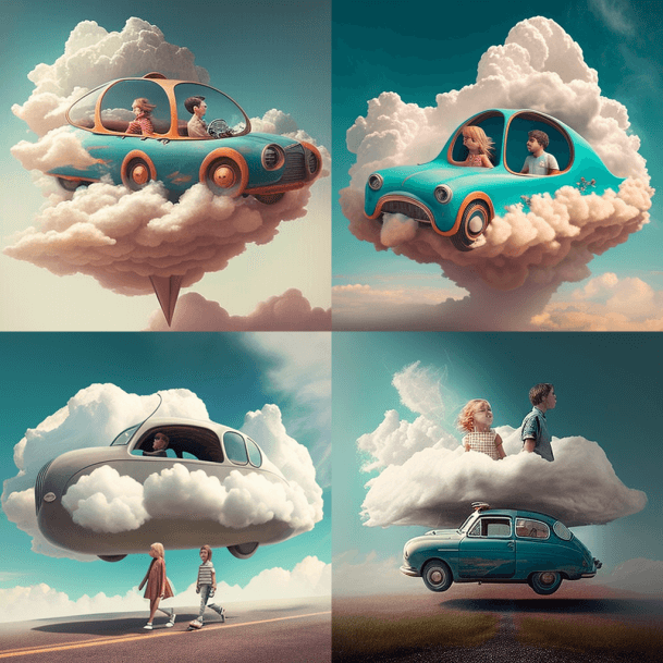 Машина летит в облаке, за машиной следуют девочка и мальчик Midjourney