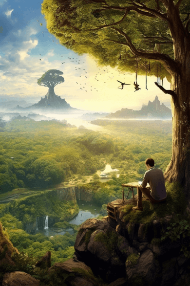 Художник рисует картину пейзажа в лесу