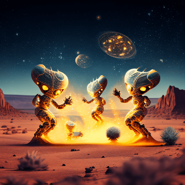 Танцующие инопланетяне в пустынном ландшафте