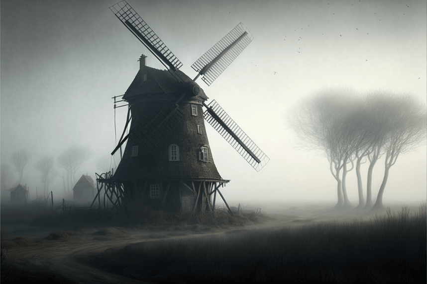 Старая ветряная мельница, жуткий и загадочный пейзаж