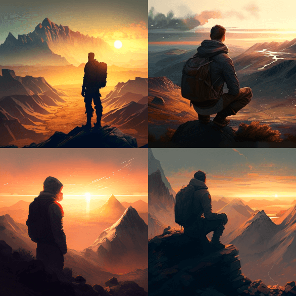 Молодой человек наблюдает за закатом с горы