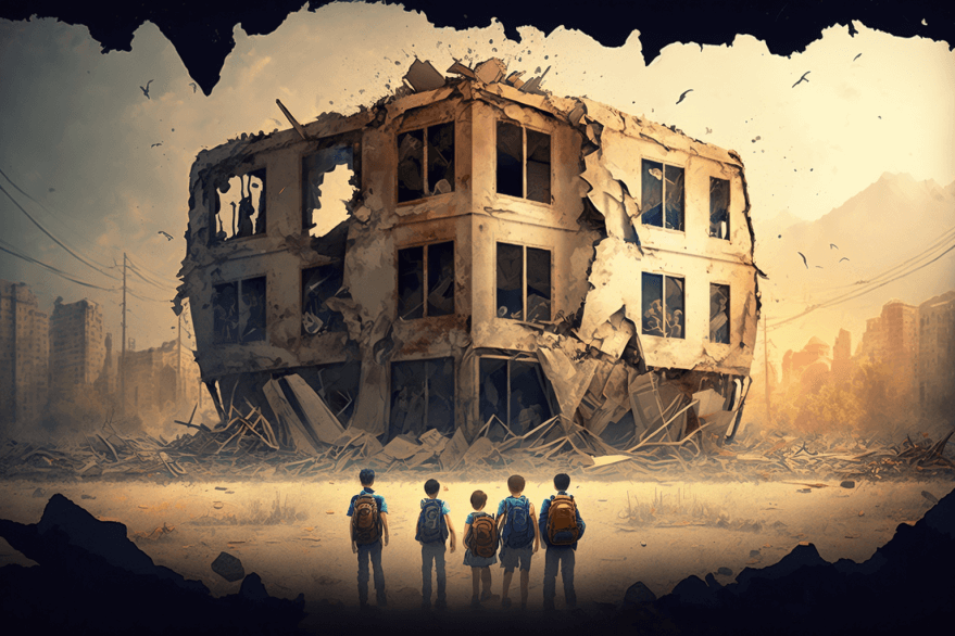 Вид сзади на разрушенный и сломанный дом или школу с детьми