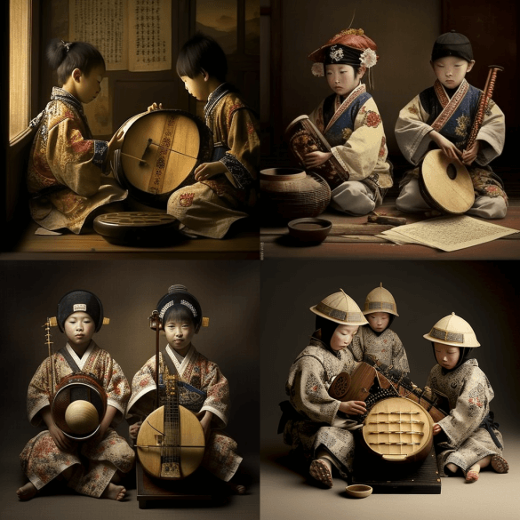 Японский музыкальный инструмент, мальчики Midjourney