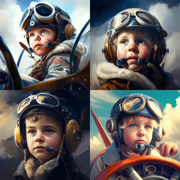 Портрет маленького ребенка-пилота, летящего в небе Midjourney