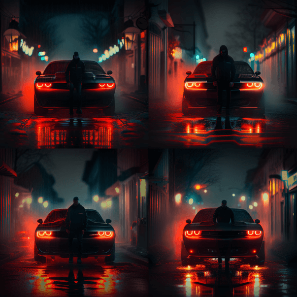 Человек, стоящий в темной ночи с черным Dodge Challenger