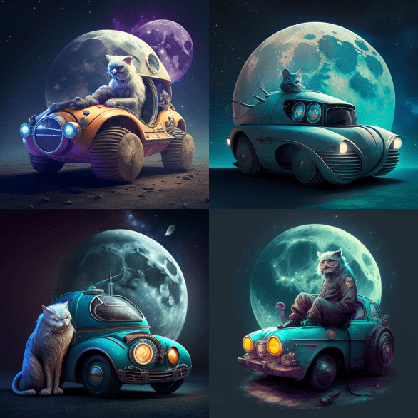 Кибер кот с машиной на фоне луны